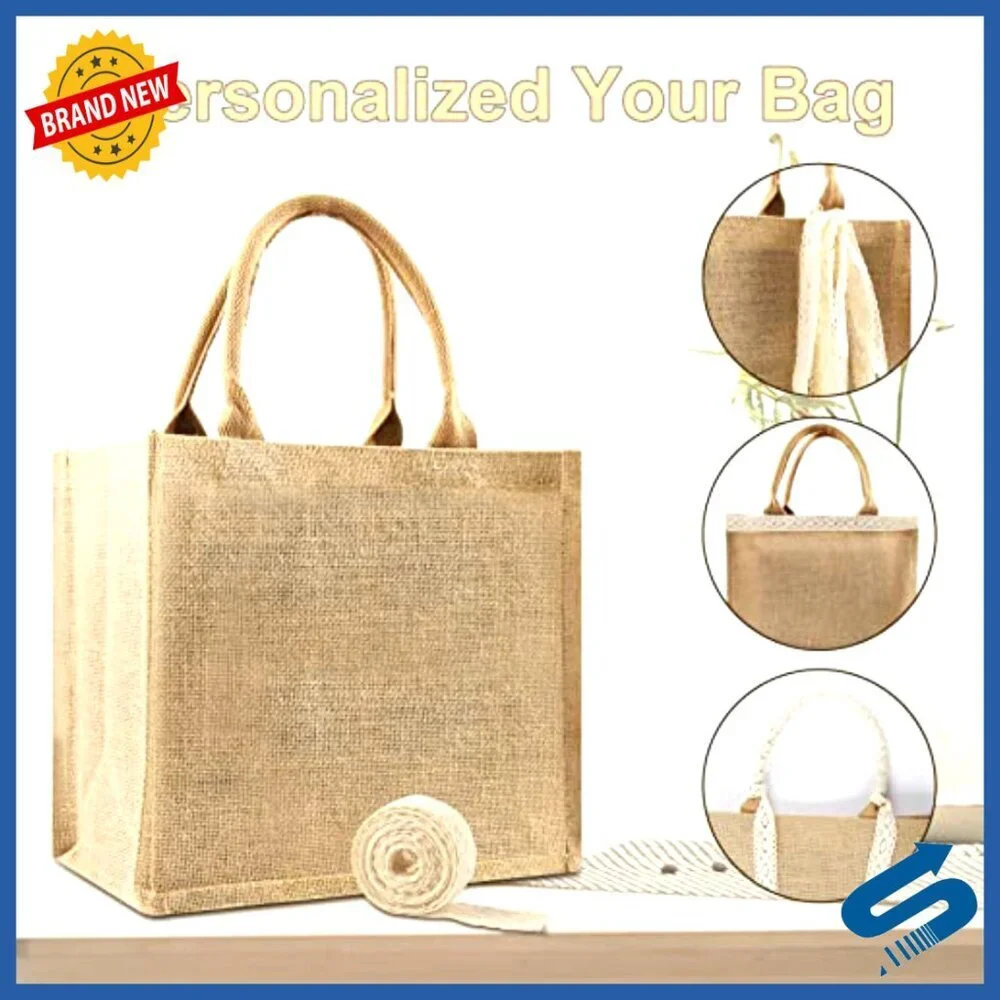 Reusable Jute Tote Bags Bulk Set with Lace Ribbon Waterproof Beach Shopping